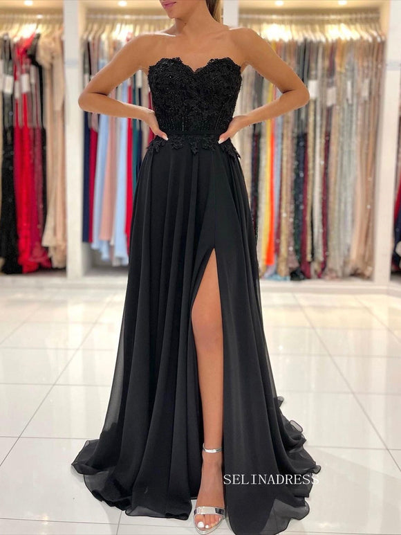 A-line Sweetheart Black Lace Beaded Long Prom Dress With Split SEW12009|Selinadress
