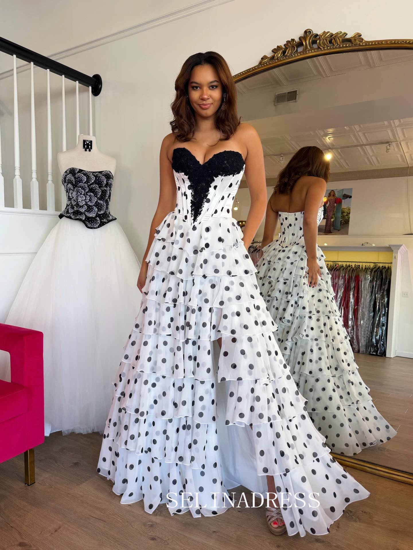 A-line Sweetheart Black Polk Dot Prom Dresses With High Slit Elegant Evening Dresses SEA303|Selinadress