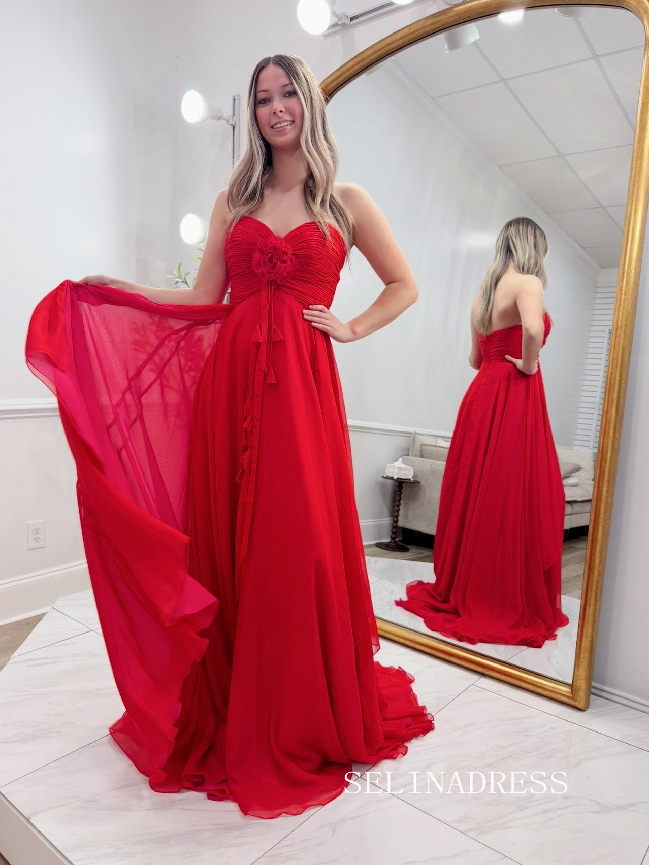 A-line Sweetheart Chiffon Long Prom Dresses With Flower Red Evening Dr – SELINADRESS