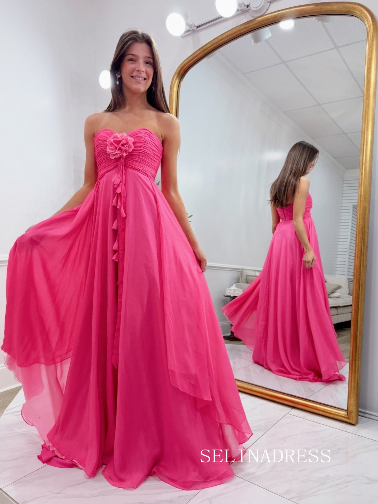 A-line Sweetheart Chiffon Long Prom Dresses With Flower Red Evening Dr – SELINADRESS