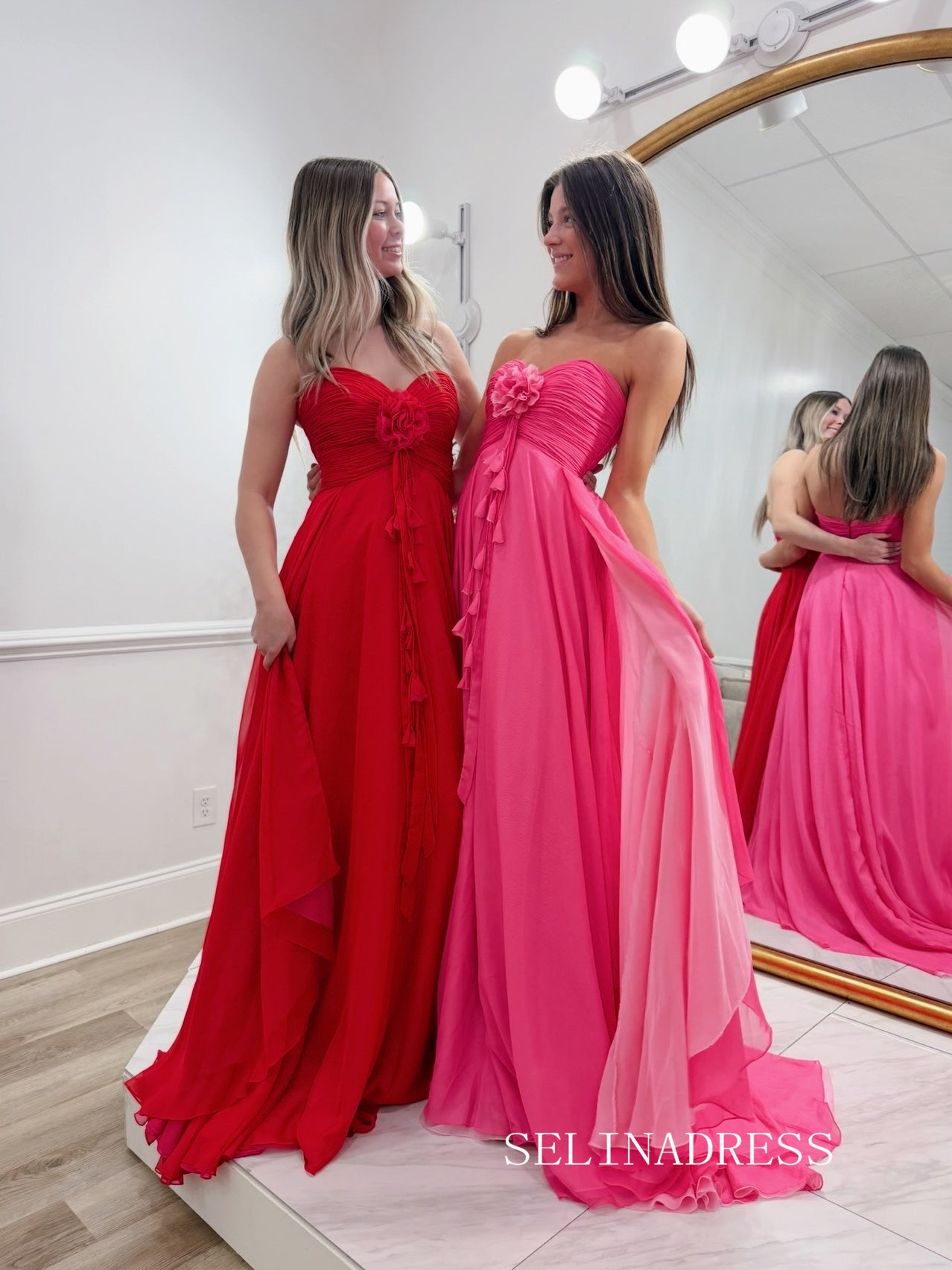 A-line Sweetheart Chiffon Long Prom Dresses With Flower Red Evening Dresses SEA301|Selinadress