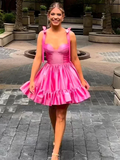 A-line Sweetheart Hot Pink Short Prom Dress Cute Satin Homecoming Dress JKW011|Selinadress