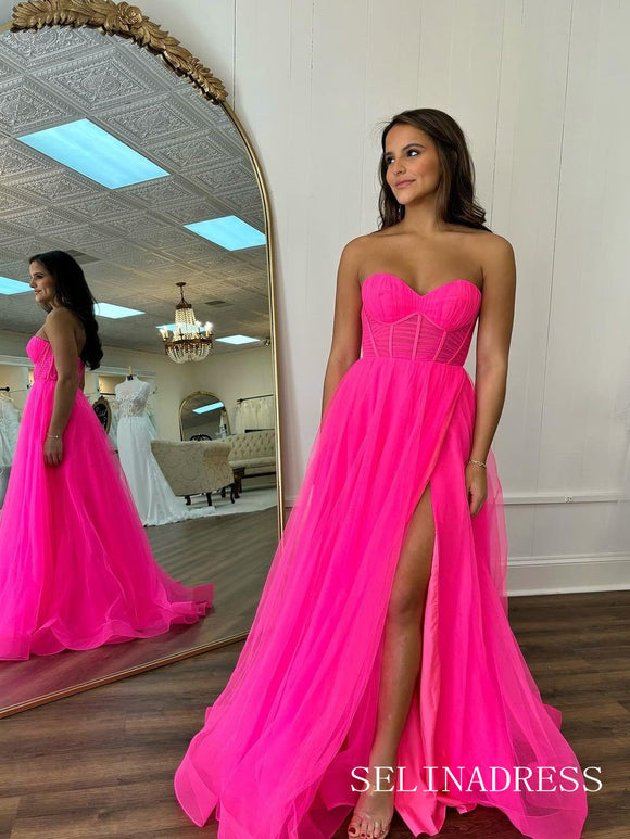 A-line Sweetheart Hot Pink Tulle Cheap Prom Gown With Slit lpk935|Selinadress