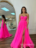A-line Sweetheart Hot Pink Tulle Cheap Prom Gown With Slit lpk935|Selinadress