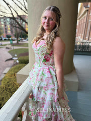 A-line Sweetheart Lace & Floral Tiered Prom Dresses Elegant Evening Dresses SEA307