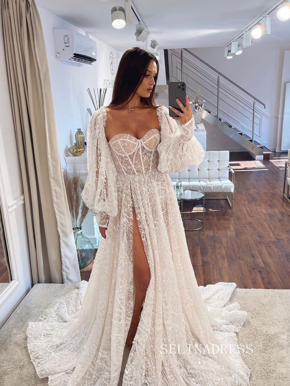 A-line Sweetheart Lace Informal Wedding Dress Boho Lace Wedding Gown D – SELINADRESS