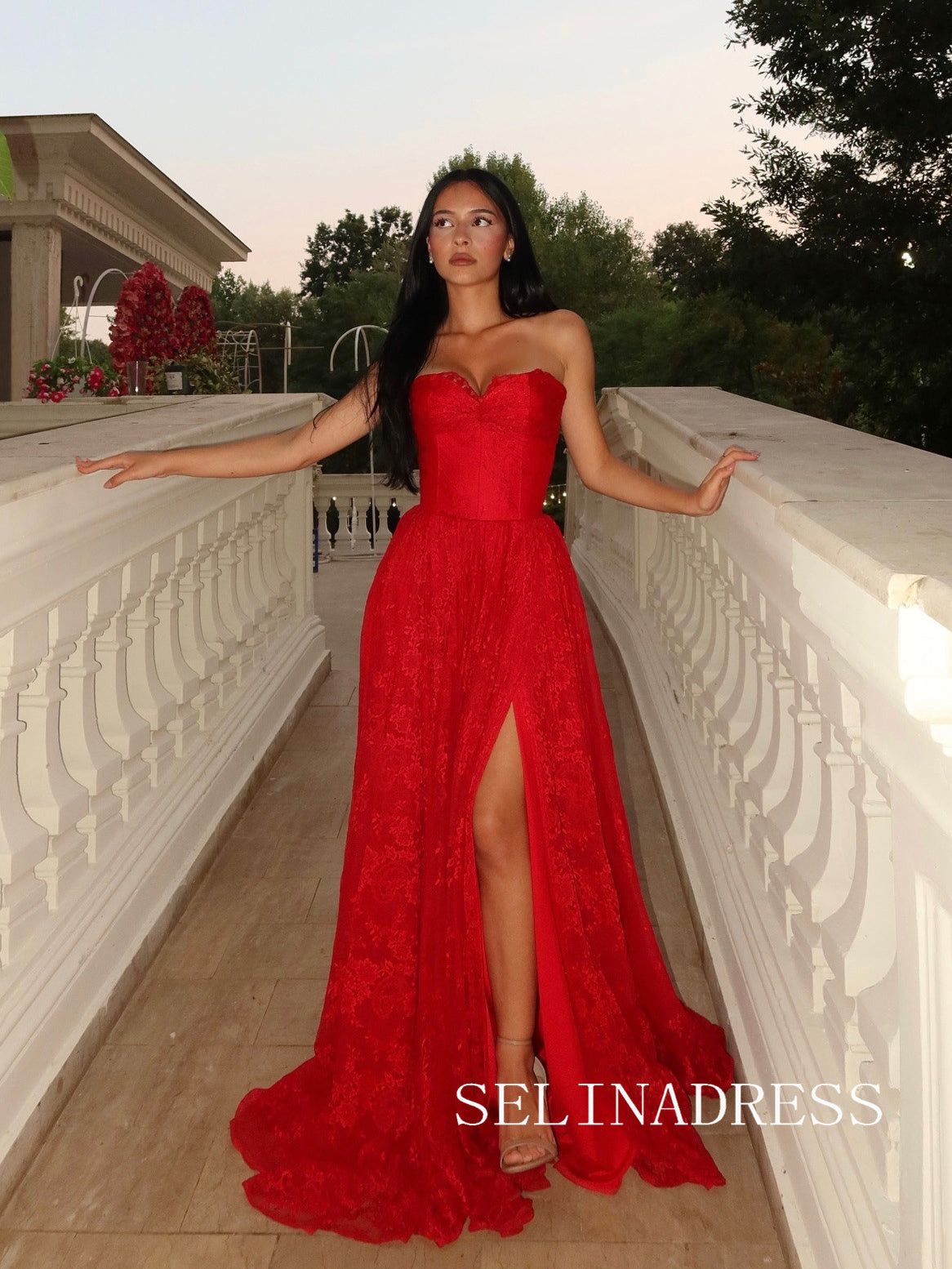A-line Sweetheart Lace Long Prom Dress Red Evening Dress With High Split SQO005|Selinadress