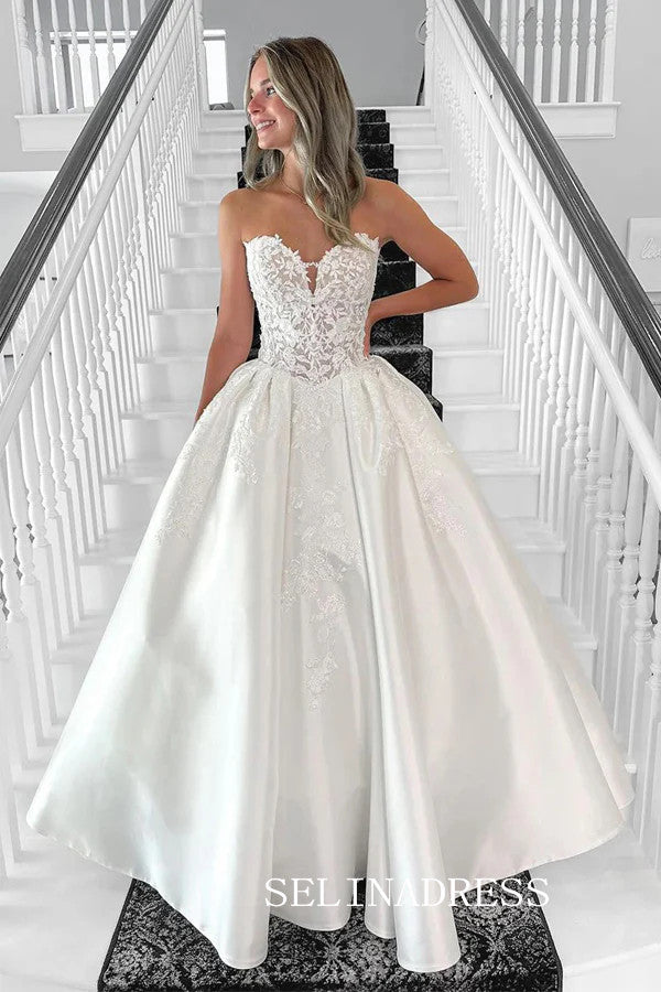 A-line Sweetheart Lace Wedding Dresses Rustic Satin Bridal Gowns CBA032|Selinadress