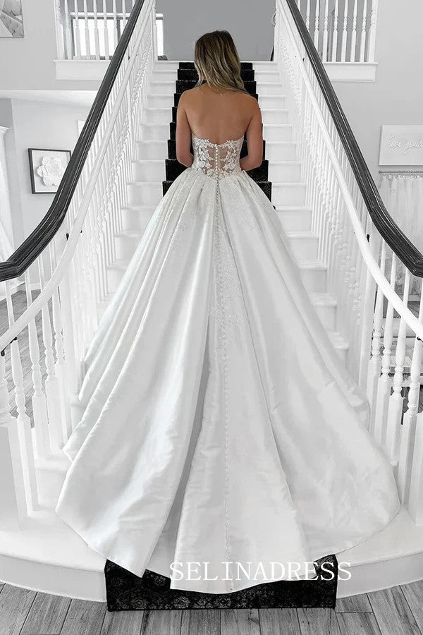 A-line Sweetheart Lace Wedding Dresses Rustic Satin Bridal Gowns CBA032|Selinadress