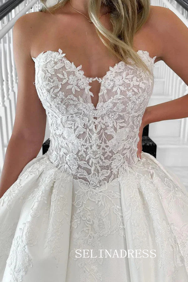 A-line Sweetheart Lace Wedding Dresses Rustic Satin Bridal Gowns CBA032|Selinadress