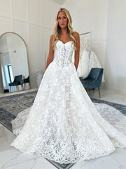 A-line Sweetheart Lace Wedding Dresses Rustic White Bridal Gowns CBA002|Selinadress