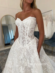 A-line Sweetheart Lace Wedding Dresses Rustic White Bridal Gowns CBA002|Selinadress