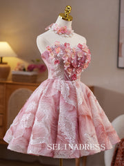 A-line Sweetheart Pink Homecoming Dress With Beaded Floral Cocktail Dresses #ABC011|Selinadress