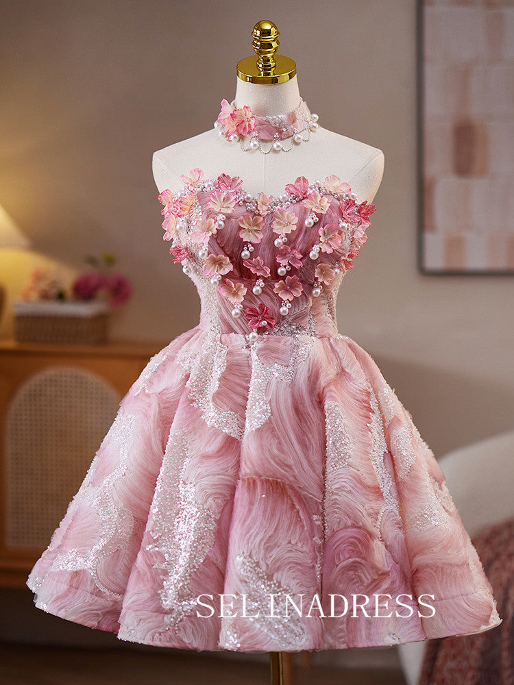 A-line Sweetheart Pink Homecoming Dress With Beaded Floral Cocktail Dresses #ABC011|Selinadress