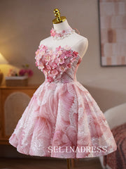 A-line Sweetheart Pink Homecoming Dress With Beaded Floral Cocktail Dresses #ABC011|Selinadress