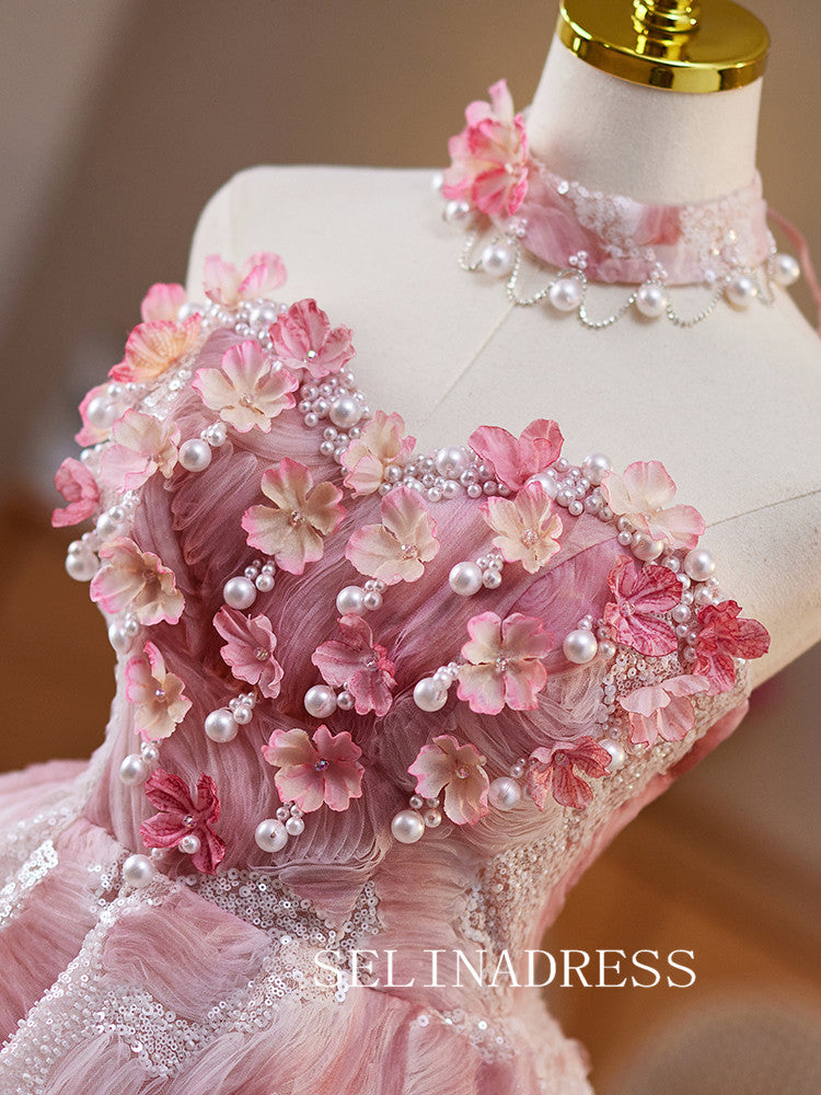 A-line Sweetheart Pink Homecoming Dress With Beaded Floral Cocktail Dresses #ABC011|Selinadress