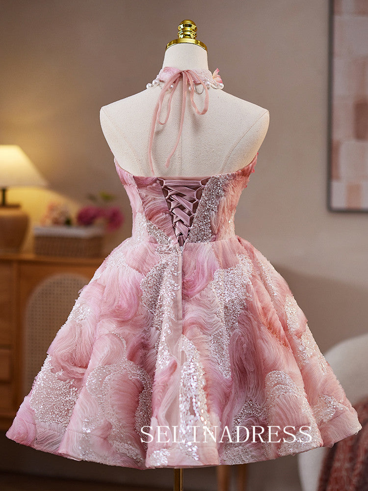 A-line Sweetheart Pink Homecoming Dress With Beaded Floral Cocktail Dresses #ABC011|Selinadress