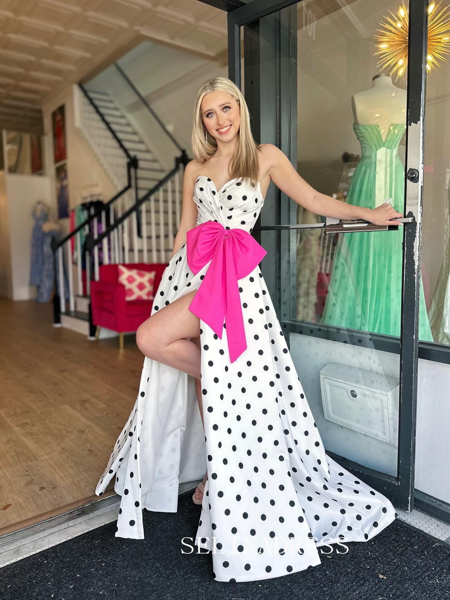 A-line Sweetheart Polk Dot Long Prom Dresses With Oversized Bow Evening Dresses SEA300|Selinadress