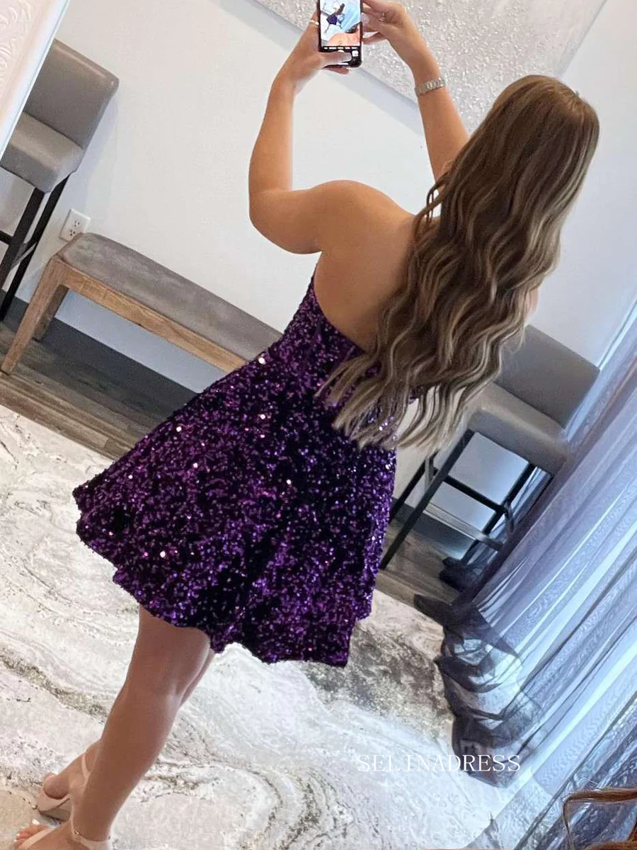 A-Line Sweetheart Purple Sequin Short Homecoming Dress #sea100 SELINADRESS A-Line Sweetheart Purple Sequin Short Homecoming Dress #sea100 SELINADRESS