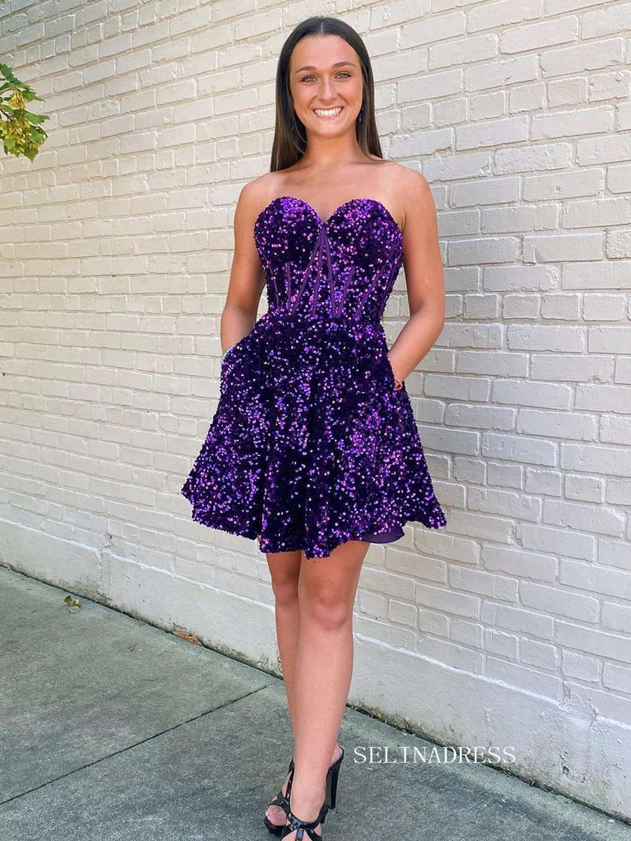 Light Dresses Purple Glitter Dress Homecoming A-Line Sweetheart Purple Sequin Short Homecoming Dress #sea100 SELINADRESS Light Dresses Purple Glitter Dress Homecoming A-Line Sweetheart Purple Sequin Short Homecoming Dress #sea100 SELINADRESS