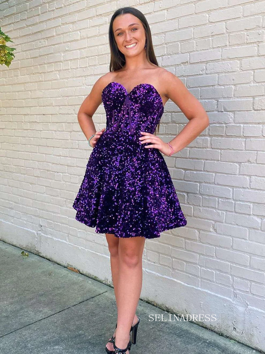 A-Line Sweetheart Purple Sequin Short Homecoming Dress #sea100 SELINADRESS A-Line Sweetheart Purple Sequin Short Homecoming Dress #sea100 SELINADRESS