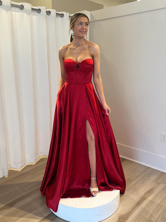 A-line Sweetheart Red Long Prom Dress With Pockets sew1091|Selinadress