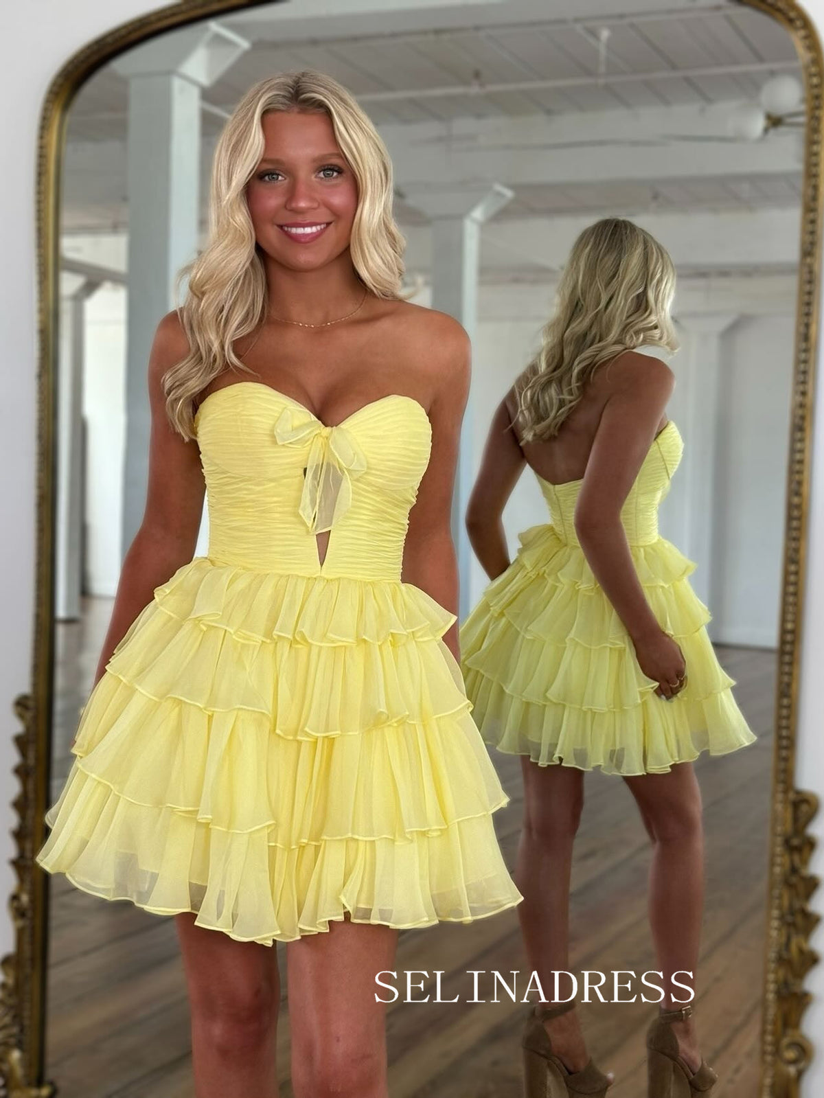 A-line Sweetheart Tiered Short Prom Dress Yellow Homecoming Dress #SEA246|Selinadress