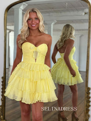 A-line Sweetheart Tiered Short Prom Dress Yellow Homecoming Dress #SEA246|Selinadress