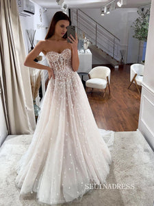 A-line Sweetheart Tulle Appliqued Wedding Dress Cheap Rustic Bridal Dresses #KOP093|Selinadress