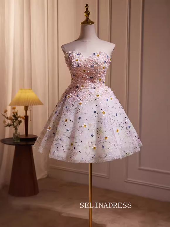 A Line Sweetheart Tulle Light Pink Flower Short Prom Dress Cocktail Dress #SEW1265|Selinadress