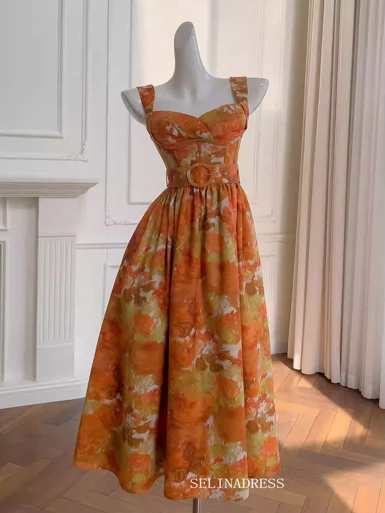 A-line Tea Length Prom Dress Orange Floral Cute Homecoming Dresses #AN –  SELINADRESS