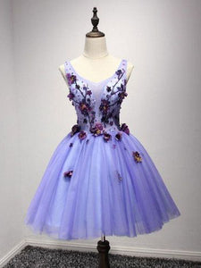 A-line V neck 3D Floral Short Prom Dress Lavender Homecoming Dress kts081|Selinadress