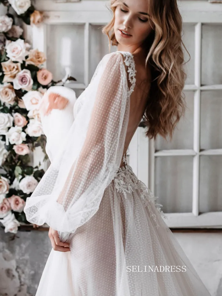 A-Line V-Neck Appliques Lace Long Puff Sleeve Backless Dot Gown Tulle Wedding Dress Sexy Bridal Gown ASK002 A-Line V-Neck Appliques Lace Long Puff Sleeve Backless Dot Gown Tulle Wedding Dress Sexy Bridal Gown ASK002