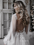A-Line V-Neck Appliques Lace Long Puff Sleeve Backless Dot Gown Tulle Wedding Dress Sexy Bridal Gown ASK002|Selinadress