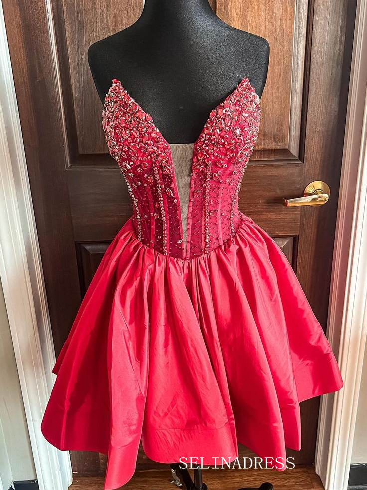 A-line V neck Beaded Short Prom Dress Red Homecoming Dresses #TKL2318 SELINADRESS A-line V neck Beaded Short Prom Dress Red Homecoming Dresses #TKL2318 SELINADRESS
