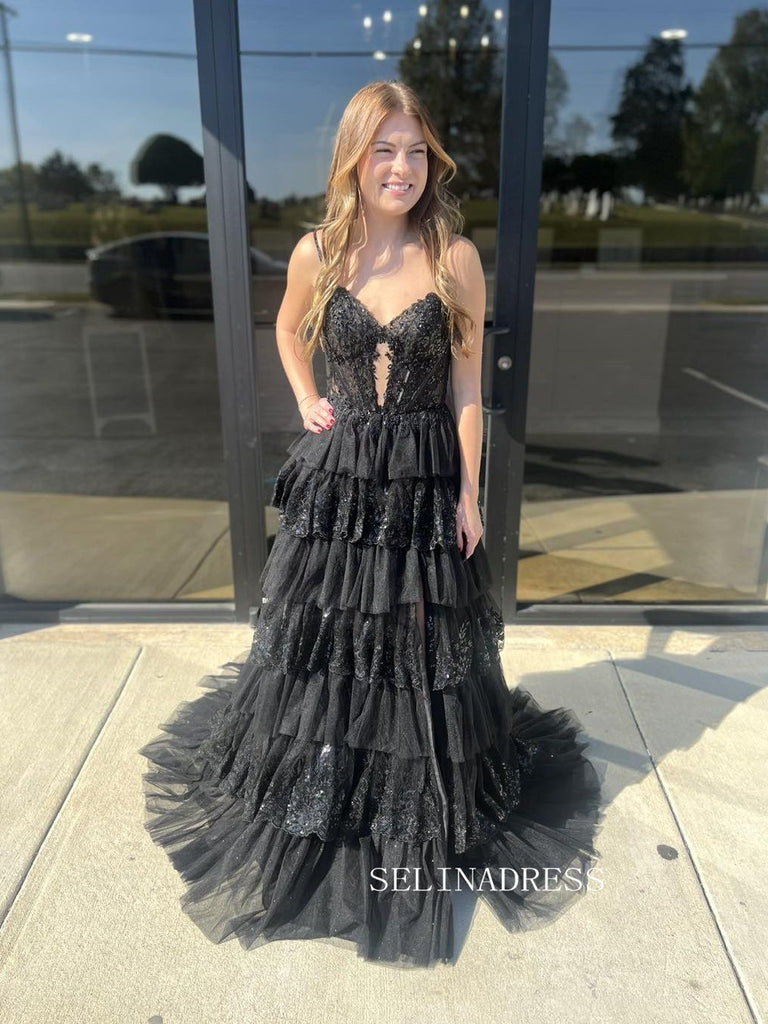 A-line V neck Black Lace Long Prom Dress With Lace Layered Evening Dre –  SELINADRESS