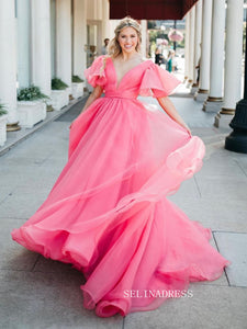 A-line V neck Elegant  Pink Long Prom Dresses Cheap Evening Gowns Formal Dresses TKS002|Selinadress