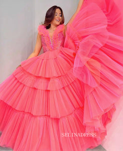 A-line V neck Elegant Pink Long Prom Dresses Ruffles Evening Gowns Formal Dresses TKS004