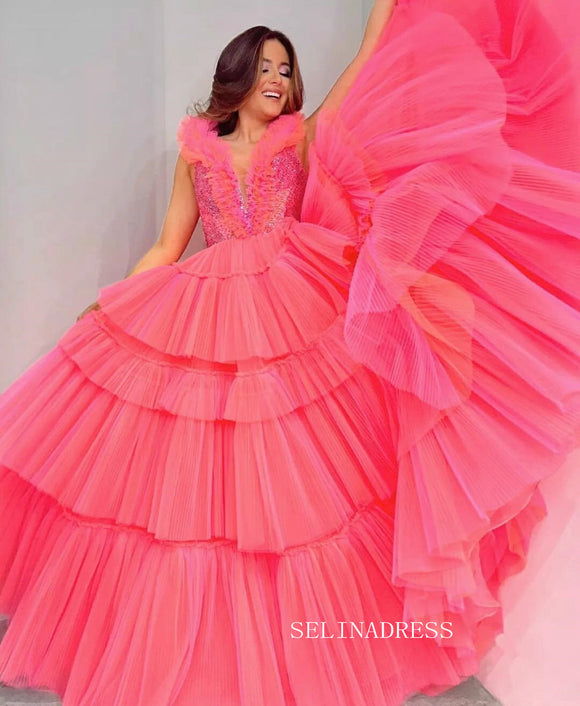 A-line V neck Elegant Pink Long Prom Dresses Ruffles Evening Gowns Formal Dresses TKS004