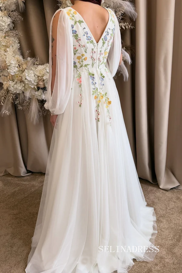 A-line V neck Ivory Embroidered Wedding Dress with Long Sleeve V neck Neckline Prom Dress TKL806|Selinadress
