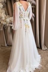 A-line V neck Ivory Embroidered Wedding Dress with Long Sleeve V neck Neckline Prom Dress TKL806|Selinadress