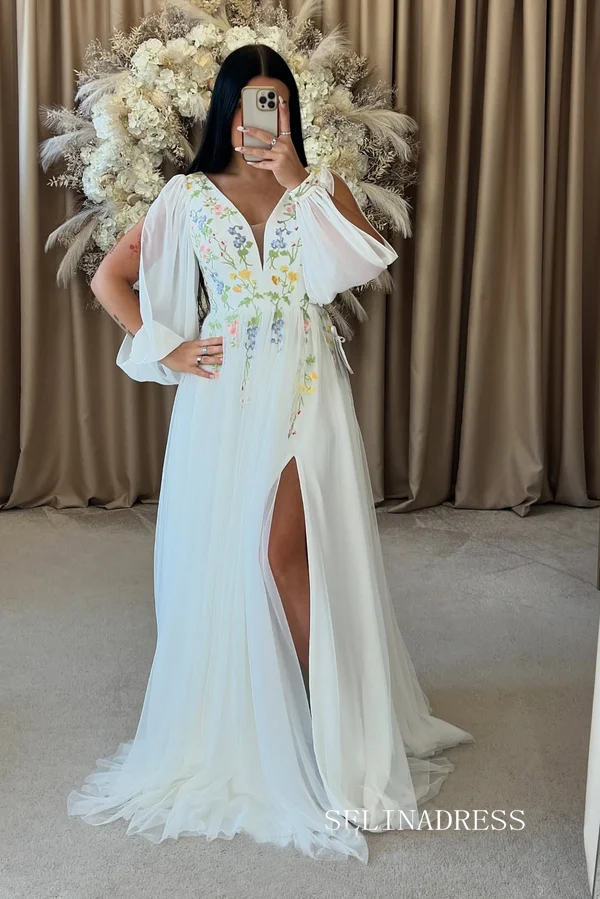 A-line V neck Ivory Embroidered Wedding Dress with Long Sleeve V neck Neckline Prom Dress TKL806|Selinadress