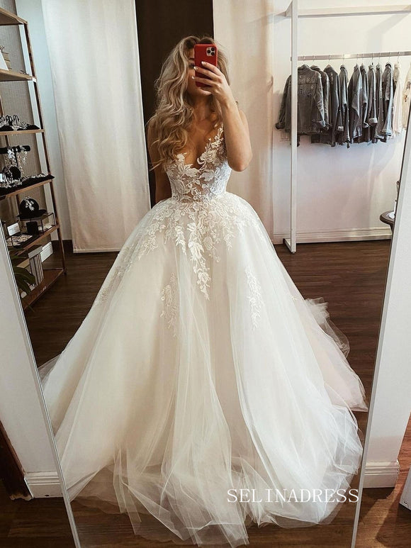 A-line V neck Lace Applique Wedding Dress Rustic Country Wedding Dresses #KOP085|Selinadress