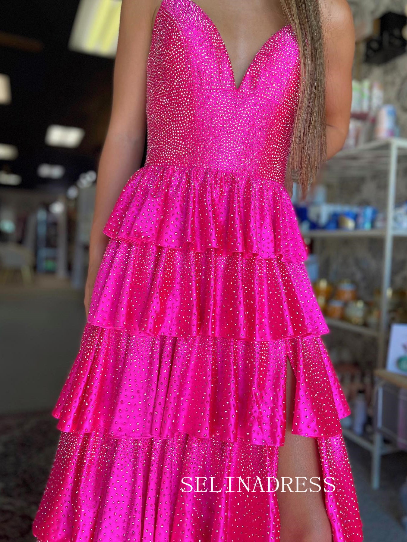 A-line V neck Layered Hot Pink Long Prom Dress Hot Stones Evening Dres SELINADRESS A-line V neck Layered Hot Pink Long Prom Dress Hot Stones Evening Dres SELINADRESS