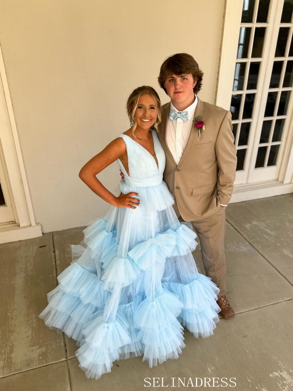 A-line V neck Light Sky Blue Tiered Tulle Long Prom Dress Evening Dres – SELINADRESS