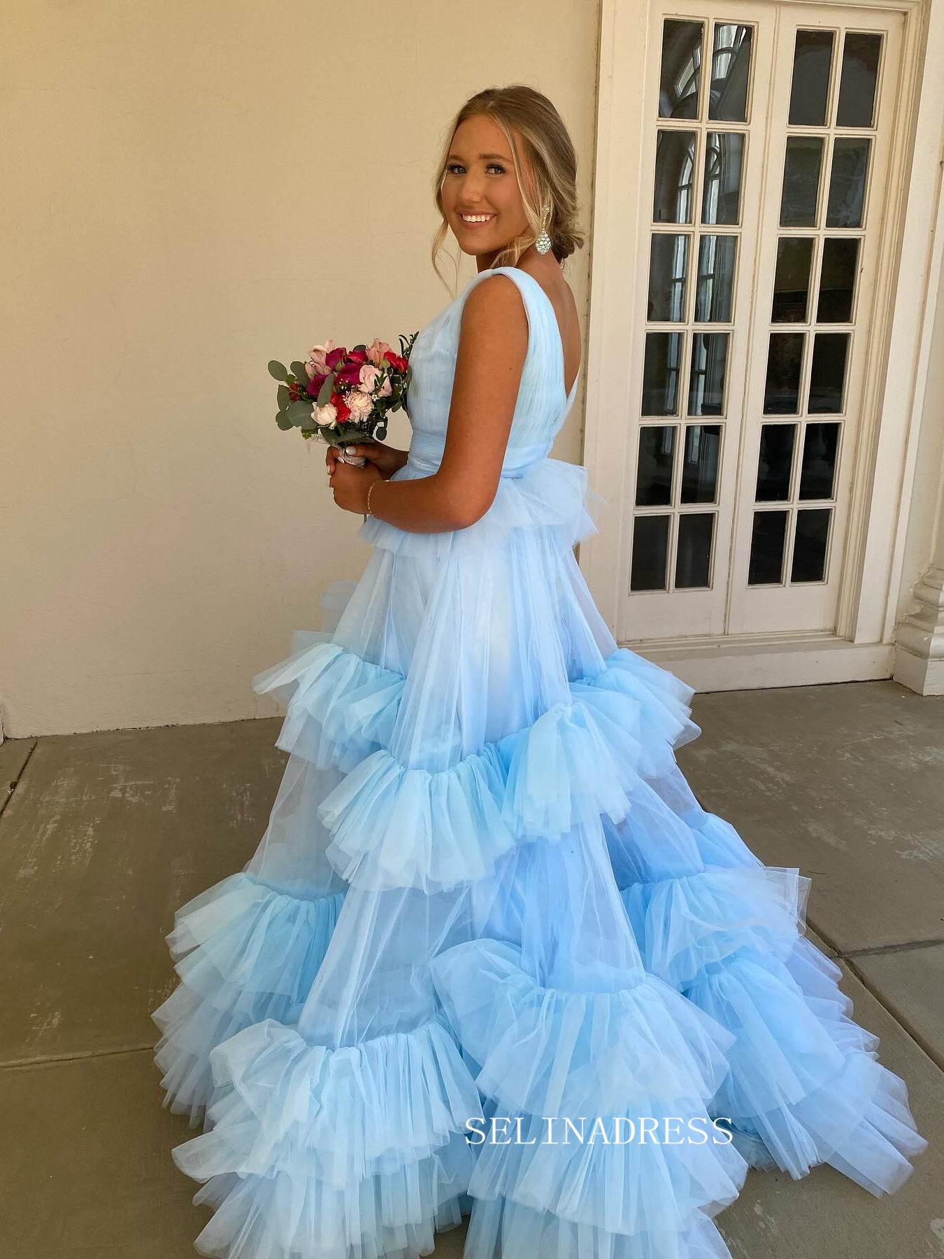 A-line V neck Light Sky Blue Tiered Tulle Long Prom Dress Evening Dres SELINADRESS A-line V neck Light Sky Blue Tiered Tulle Long Prom Dress Evening Dres SELINADRESS
