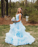 A-line V neck light Sky Blue Tiered Tulle Long Prom Dress Evening Dress SEW1073|Selinadress