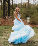 A-line V neck light Sky Blue Tiered Tulle Long Prom Dress Evening Dress SEW1073|Selinadress