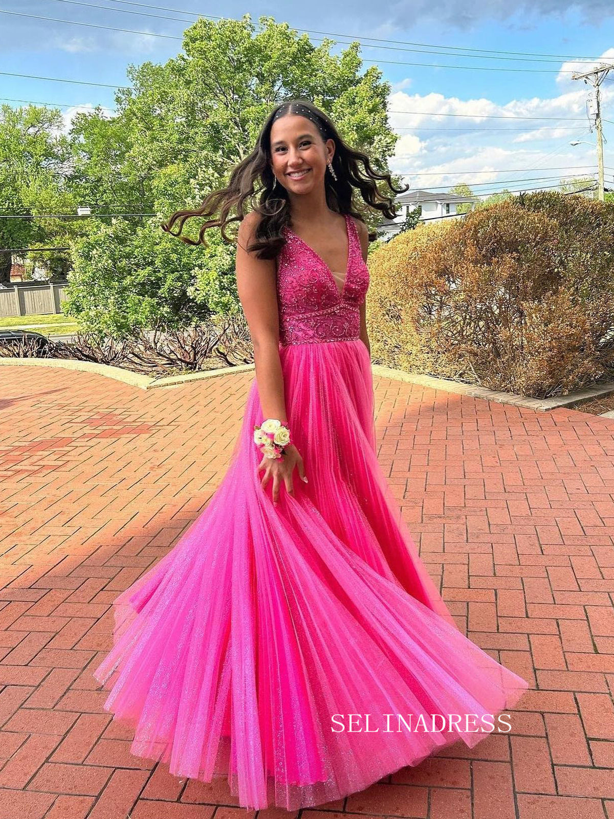A-line V neck Pink Long Prom Dresses With Beaded Formal Dresses TKL015 SELINADRESS A-line V neck Pink Long Prom Dresses With Beaded Formal Dresses TKL015 SELINADRESS