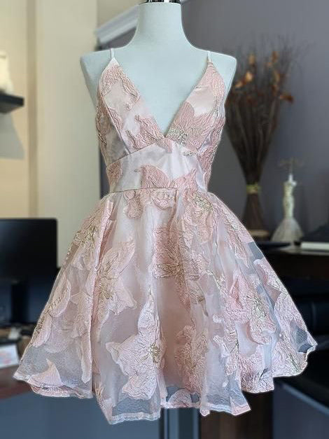 A-line V neck Pink Short Prom Dress Lace Homecoming Dress kts079|Selinadress